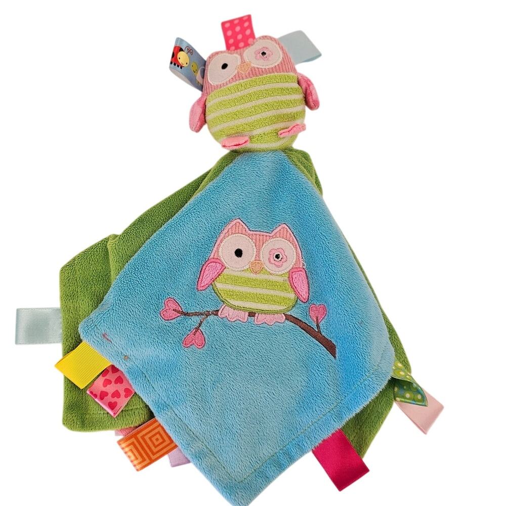 Taggies Mary Meyer Baby Owl Security Blanket Lovey Crinkle Plush Pink Green